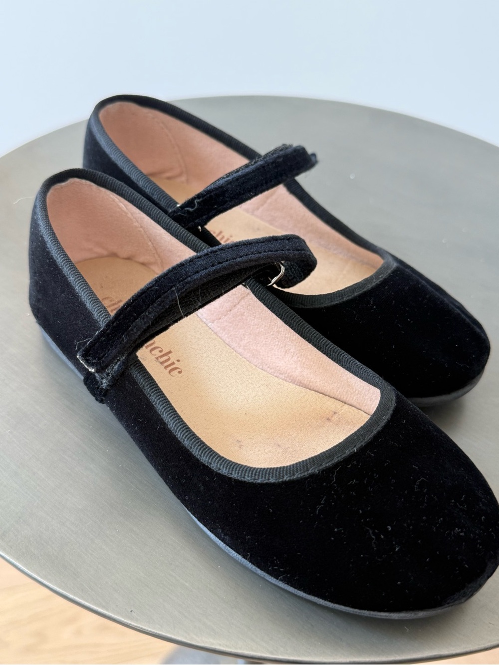 Girls Black Velvet Mary Jane Shoes with Hook-and-Loop Strap